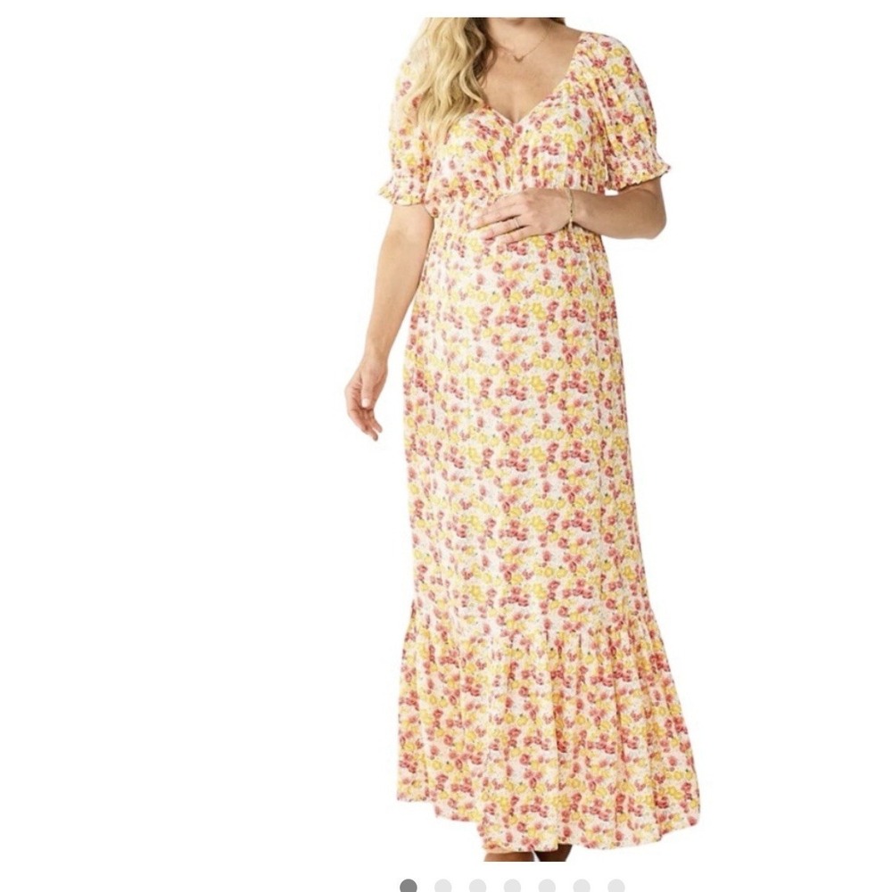 Sonoma Maternity Baby Doll Maxi Dress Floral‎ Sz Large Smoked Sleeves